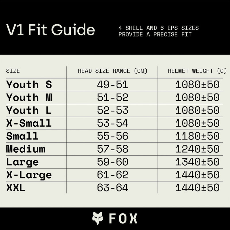 Fox v1 youth store helmet size chart